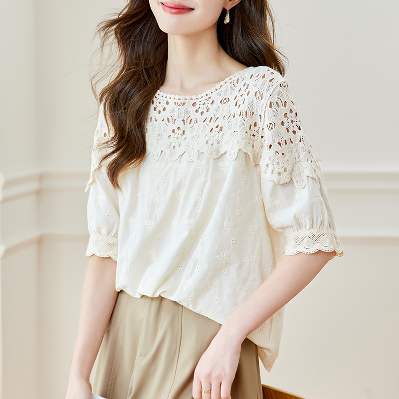 2024夏季新款花边全棉短袖衬衫女气质减龄韩版高级感宽松中袖上衣