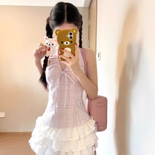 修身 莫代爾韓系粉色格子掛脖吊帶背心女夏季 純欲風(fēng)百搭上衣ins風(fēng)