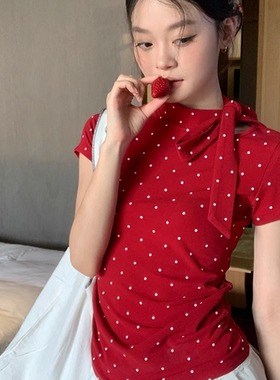莫代尔红色波点蝴蝶结绑带短袖t恤女夏季修身显瘦辣妹风ing风上衣