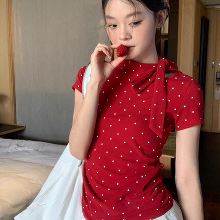 莫代尔红色波点蝴蝶结绑带短袖t恤女夏季修身显瘦辣妹风ing风上衣