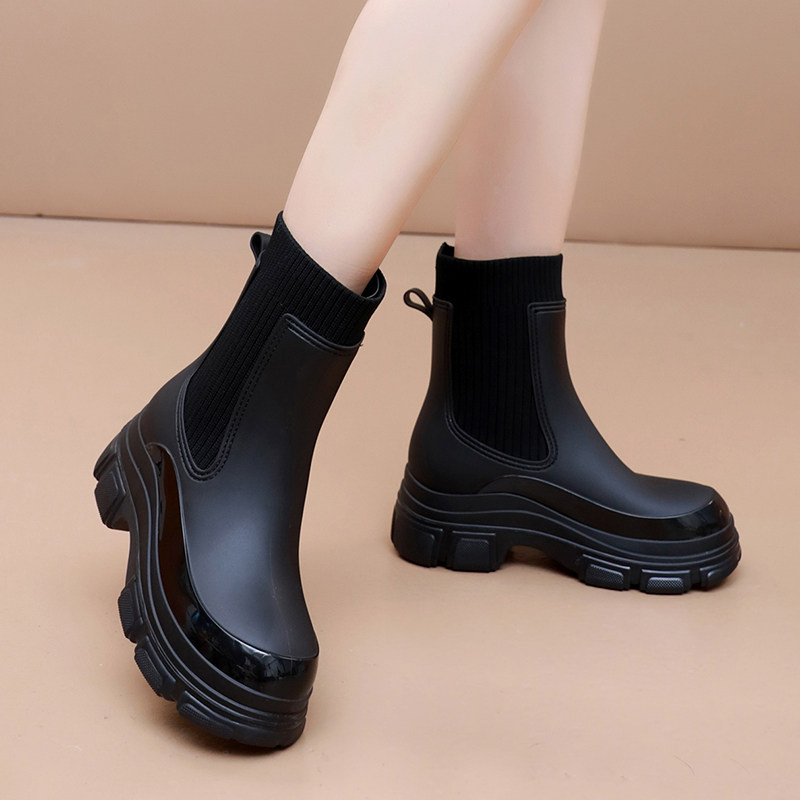 切尔西女款雨鞋时尚短筒防滑飞织布外穿通勤洗车工作胶鞋耐磨雨靴
