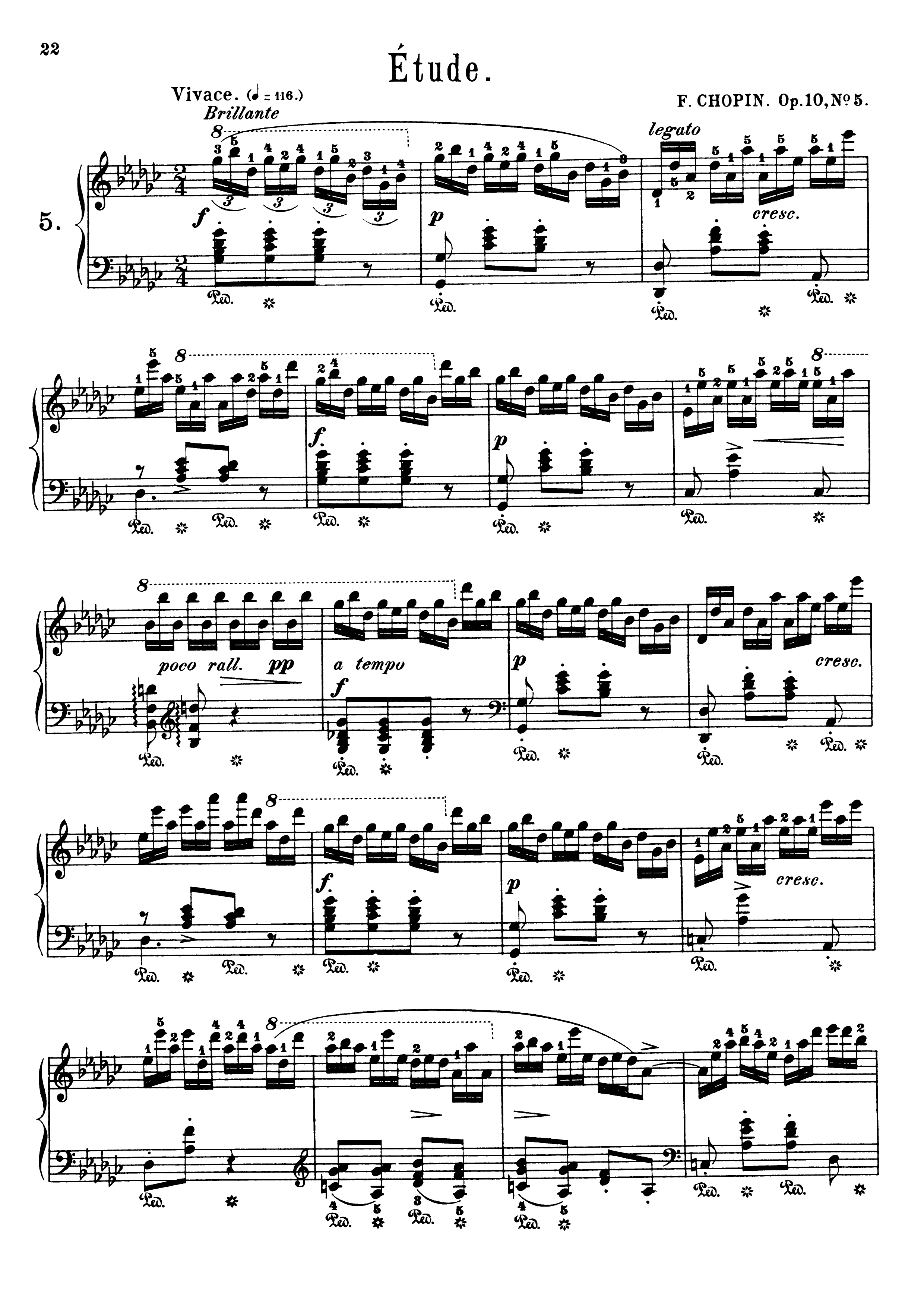 黑键肖邦练习曲op10 no5 降g大调 钢琴五线谱曲 原版引进带指法