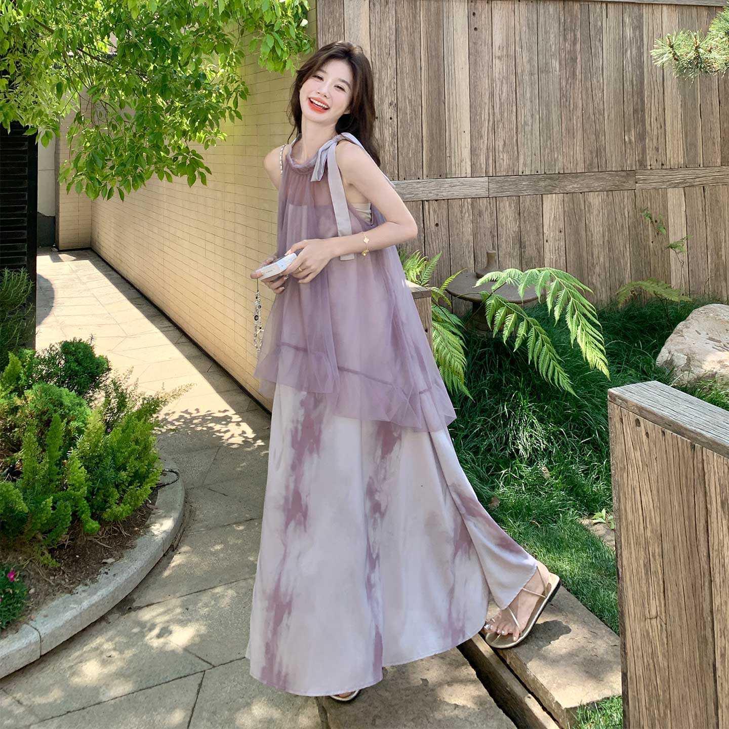 紫色挂脖绝美系带假两件连衣裙女夏法式温柔漂亮超长到脚踝长裙仙