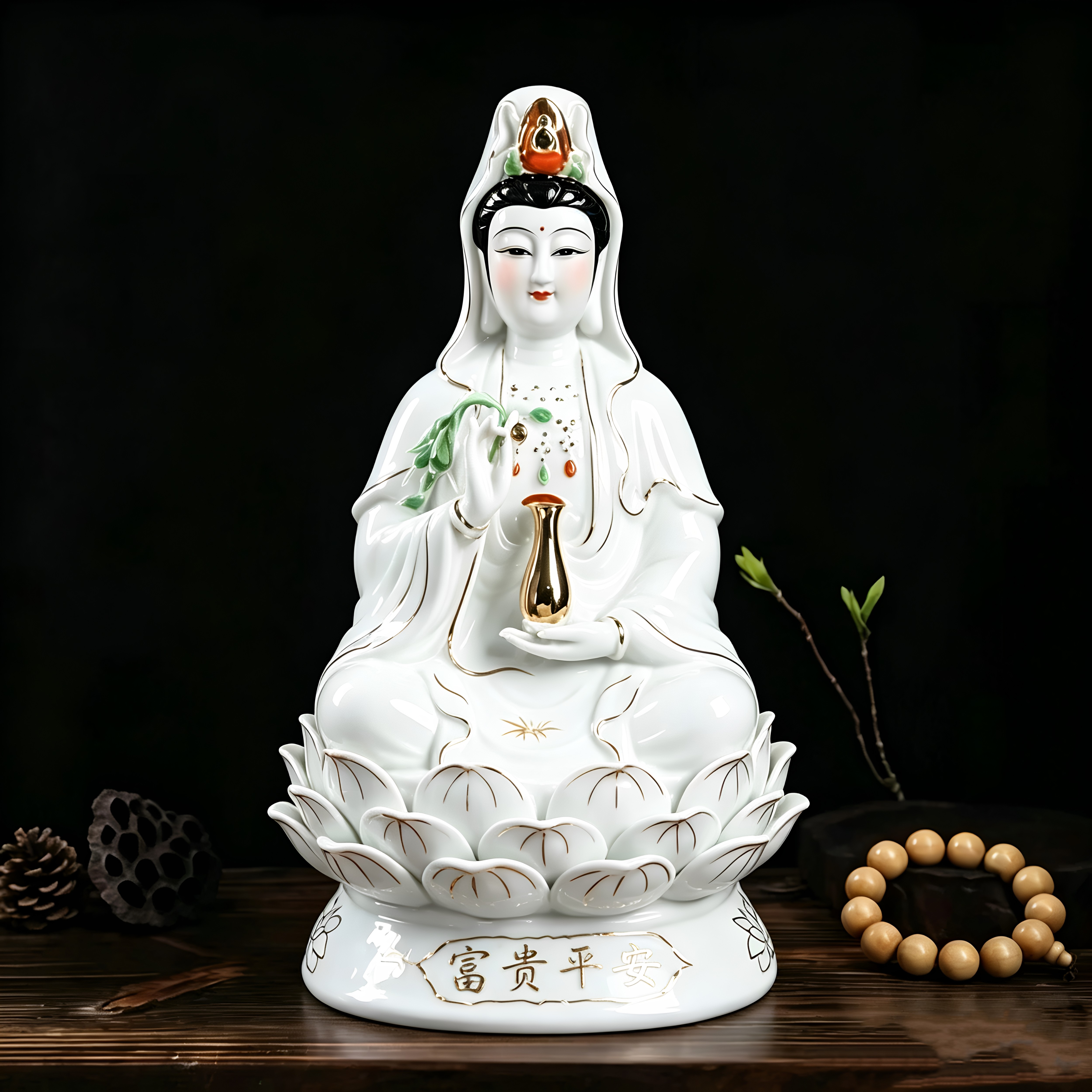 陶瓷南海观音菩萨纯白玉扶瓶坐莲装饰摆件
