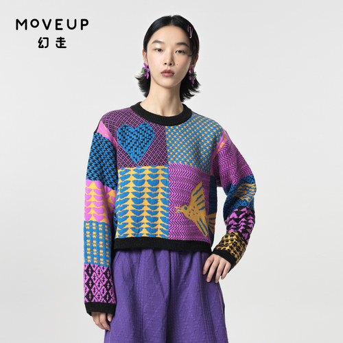 MOVEUP幻走2023冬季新款.FUN系列罗纹圆领撞色提花设计师短款毛衣