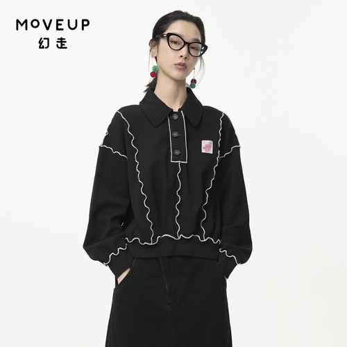 MOVEUP幻走2024秋季新款.FUN系列撞色打密边线设计师短款套头衫女