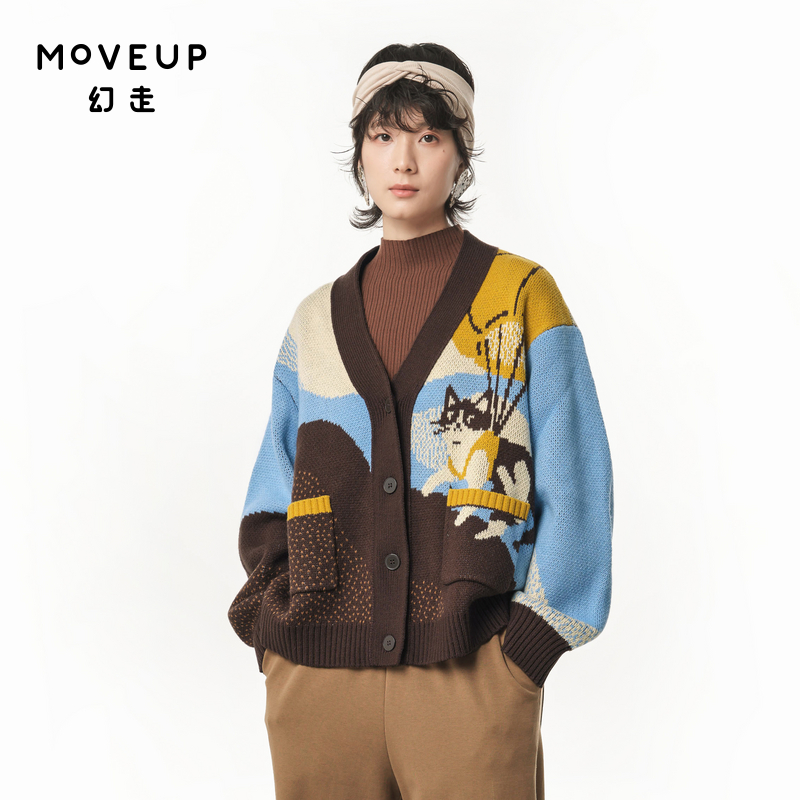MOVEUP幻走2024秋季新款.FUN系列V领猫咪提花口袋设计短款外套女