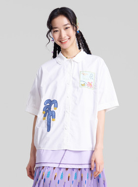 MOVEUP幻走2026春季新款.FUN系列圆角衬衫领贴布绣花短款衬衫女