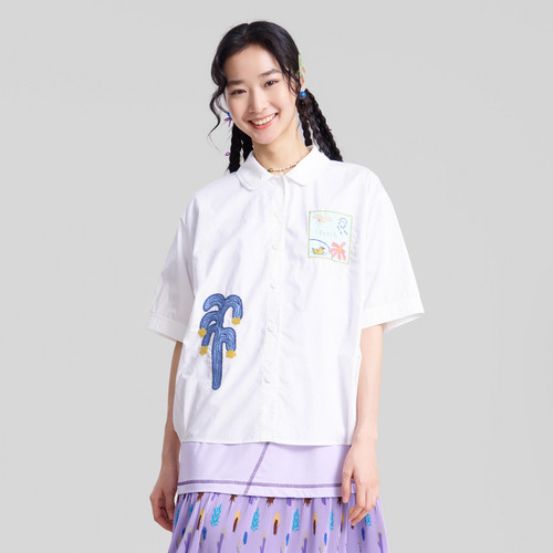 MOVEUP幻走2026春季新款.FUN系列圆角衬衫领贴布绣花短款衬衫女