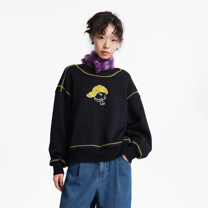 MOVEUP幻走2025冬季新款.FUN系列圆领小羊绣花撞色线短款卫衣女