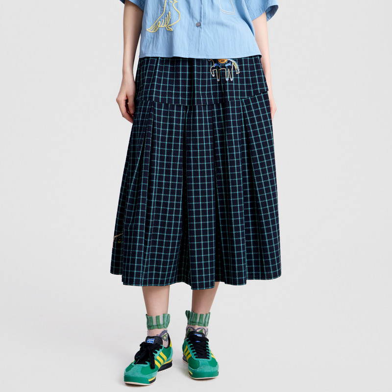 MOVEUP幻走2026春季新款.FUN系列松紧腰趣味绣花格子过膝半身裙,女装/女士精品,半身裙,淘宝优惠券,粉丝福利购,淘宝优惠卷