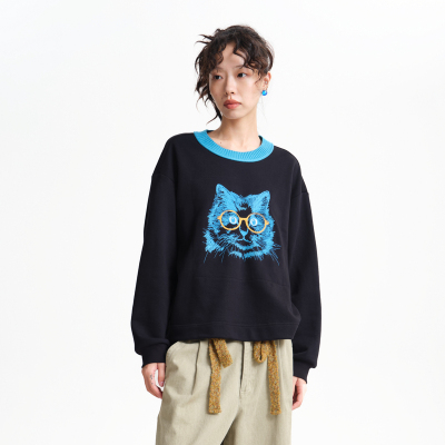 MOVEUP幻走2025秋季新款.FUN系列撞色圆领猫脸绣花短款卫衣女