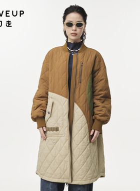 MOVEUP幻走2024秋季新款.FUN系列撞色拼接棒球领长款棉服外套女冬
