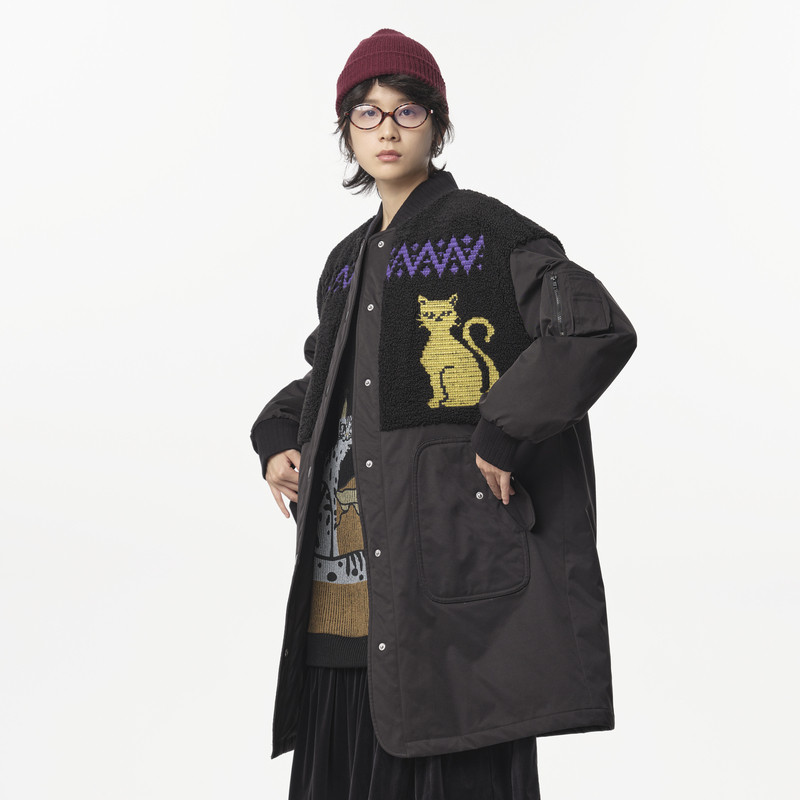 MOVEUP幻走2024冬季新款.FUN系列撞布拼接猫咪绣花长款棉外套女