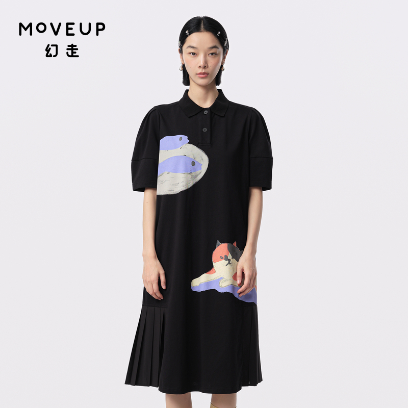 MOVEUP幻走2024夏季新款.FUN系列印花不规则压褶设计师针织连衣裙