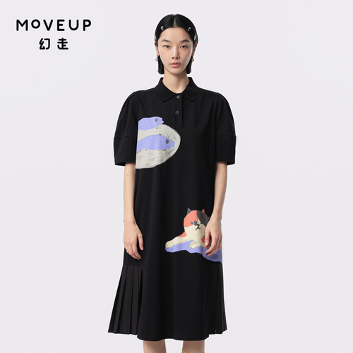 MOVEUP幻走2024夏季新款.FUN系列印花不规则压褶设计师针织连衣裙