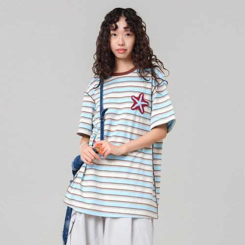 MOVEUP幻走2026夏季新款.FUN系列撞色圆领手钩片条纹中长款T恤女