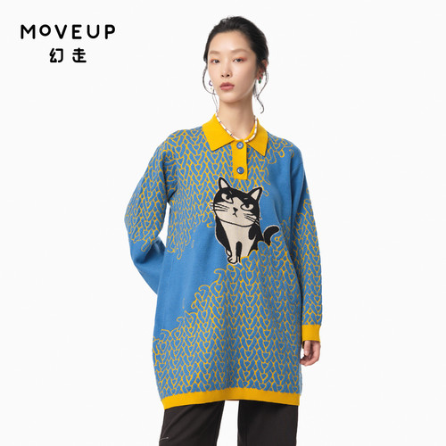 MOVEUP幻走2024秋季新款.FUN系列趣味猫咪撞纱设计师毛织连衣裙