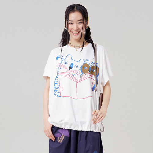 MOVEUP幻走2026夏季新款.FUN系列纯棉圆领平肩连袖印花短款T恤女