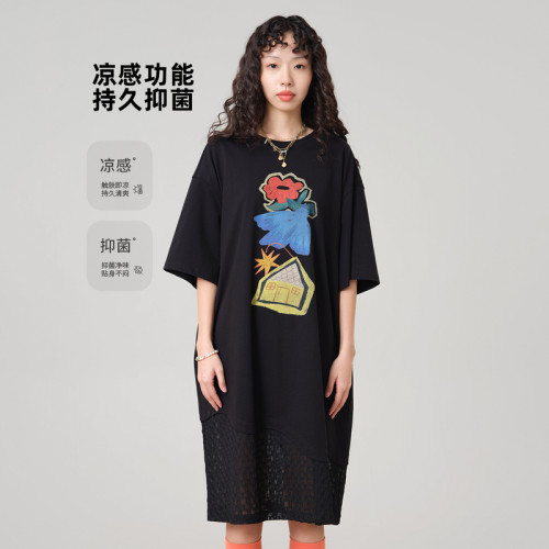 MOVEUP幻走2026夏季新款.FUN系列印花拼接蕾丝抗菌凉感针织连衣裙