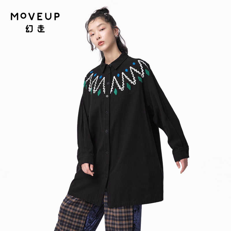 MOVEUP幻走2024秋季新款.FUN系列纯棉设计师绳绣几何中长款衬衫女