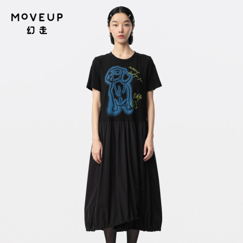 MOVEUP幻走2024夏季新款.FUN系列印花撞布拼接设计师针织连衣裙