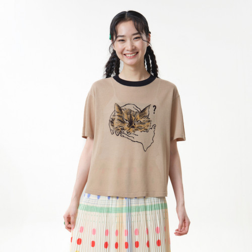 MOVEUP幻走2026夏季新款.FUN系列撞色圆领猫咪提花短款针织衫女