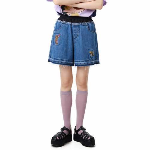 MOVEUP幻走2025夏季新款.FUN系列松紧腰方块绣花口袋牛仔短裤女