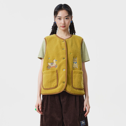 MOVEUP幻走2026秋季新款.FUN系列绣花撞色包边口袋通勤短款马夹女