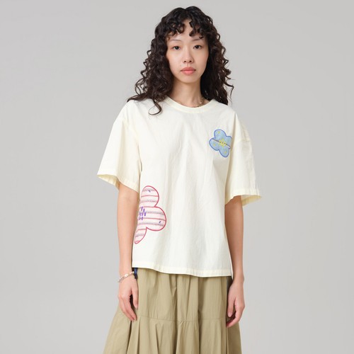 MOVEUP幻走2026夏季新款.FUN系列纯棉圆领贴布绣通勤短款套头衫女