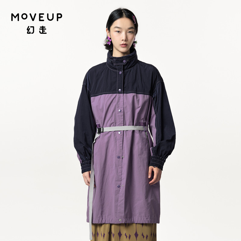 MOVEUP幻走2024春季新款.FUN系列连帽撞色腰带设计师长款风衣女