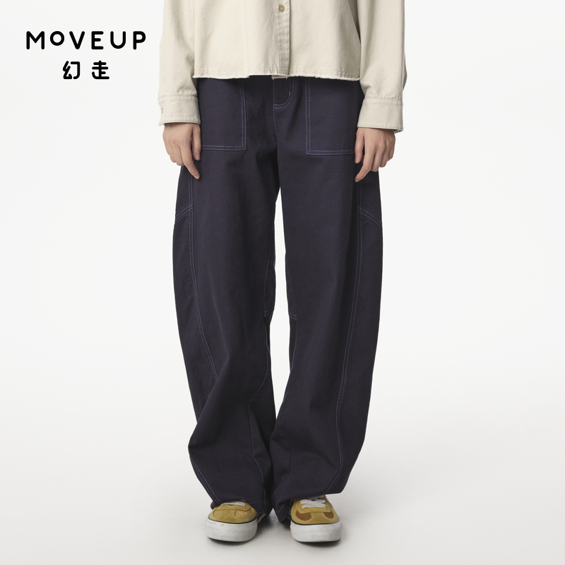 MOVEUP幻走2024冬季新款.FUN系列纯棉松紧腰蘑菇绣花休闲直筒裤女