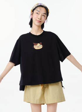 MOVEUP幻走2025夏季新款.FUN系列短袖圆领猫咪绣花短款T恤女