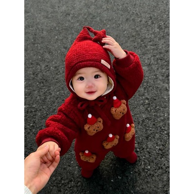 宝宝拜年服冬装婴儿夹棉连体衣红色喜庆婴幼儿衣服冬季小月龄抱服
