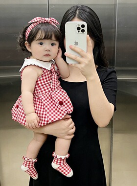 2026女童格子连衣裙纯棉夏季周岁女宝宝红色花苞公主裙子