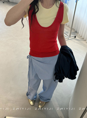 SOI25夏设计感小众U领薄透基础毛织背心女  可叠穿无袖吊带2886