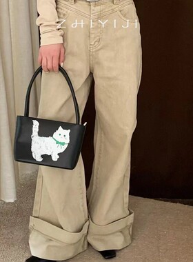 YMQY秋复古做旧卡其色牛仔长裤 高腰工装翻边阔腿裤送皮带女