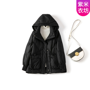 紫米衣坊中长款连帽羽绒服女白鸭绒冬季新款女士加厚保暖女装外套
