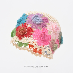 民族风手工编织花朵镂空包头帽女夏季出游薄款百搭彩色堆堆冷帽子