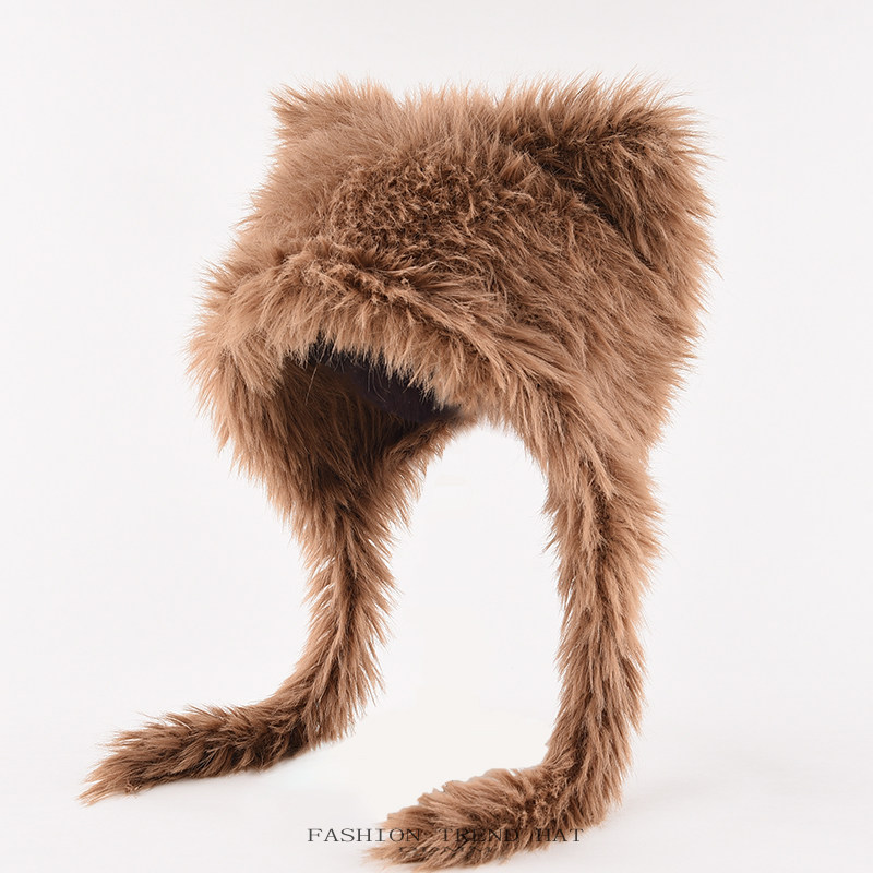 毛绒可爱小熊毛线帽女秋冬季保暖仿貂毛猫耳朵针织帽绑带雷锋帽子