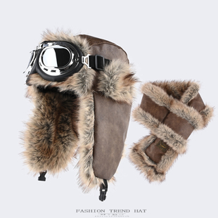 皮革雷锋帽男女冬季仿皮草一体毛绒帽子围巾东北加厚防寒保暖帽潮