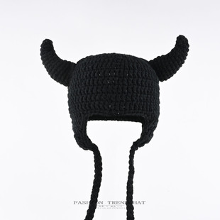 恶魔牛角手工针织帽秋冬男女保暖护耳毛线帽子搞怪个性套头雷锋帽