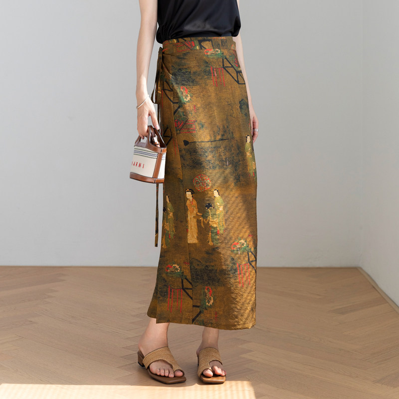 新中式韵味咖色唐汉风仕女图一片式女人味裹裙半身裙原创设计夏款