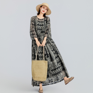 旅行度假街拍文艺范儿碎花复古大摆袍子连衣裙原创春夏款 长裙 女装