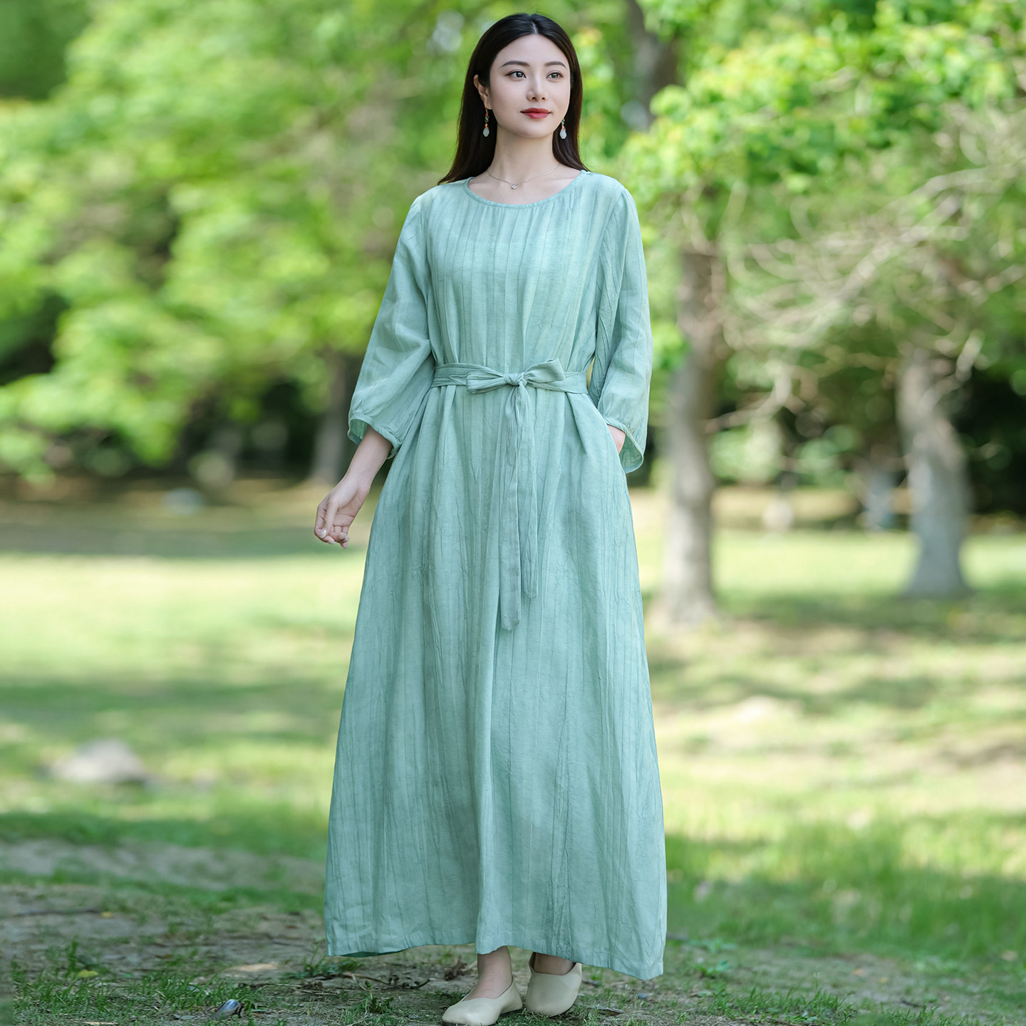 高货！高级感绿系天丝亚麻扎染袍子连衣裙原创设计夏超宽松长裙女