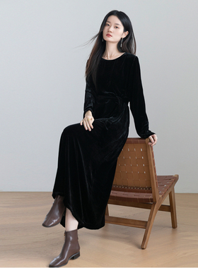 Miss原创设计重磅高档气质桑蚕丝真丝绒袍子连衣裙女秋冬长裙黑色