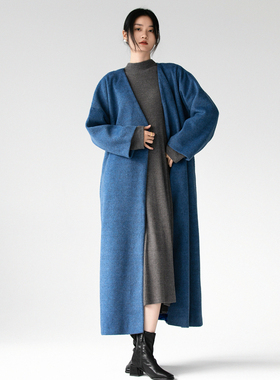 重磅高级感灰蓝色气质羊毛呢廓形OVERSIZE大衣开衫外套秋冬休闲女