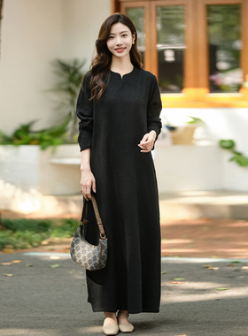 复古新中式立领黑色袍子连衣裙原创2025秋款高档亚麻提花宽松大码