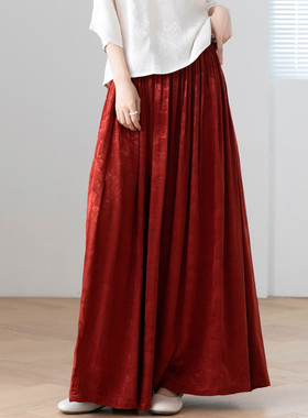 奢感！高级光泽感优雅气质提花大摆裙原创红色半身裙显高显瘦长裙