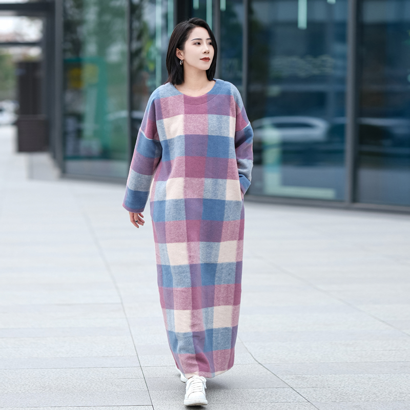 文艺简约宽松连衣裙羊毛混纺格子